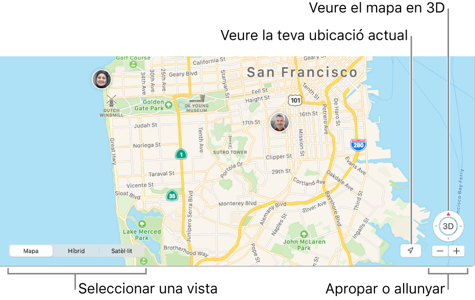 La finestra de l’app Buscar amb les ubicacions de diferents persones al mapa. A la cantonada inferior esquerra, tria entre tres opcions de visualització diferents: Mapa, Híbrid o Satèl·lit. A la part inferior de la finestra, fes clic al botó “Ubicació actual” per veure la teva ubicació al mapa o fes servir els botons de zoom per apropar o allunyar la imatge al mapa. A sobre dels botons de zoom, fes clic al botó 3D per veure el mapa.