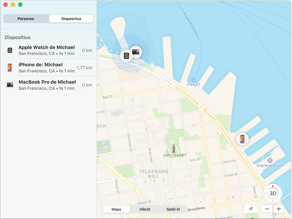 L’app Buscar amb una llista de dispositius a la barra lateral i la seva ubicació al mapa de la dreta.