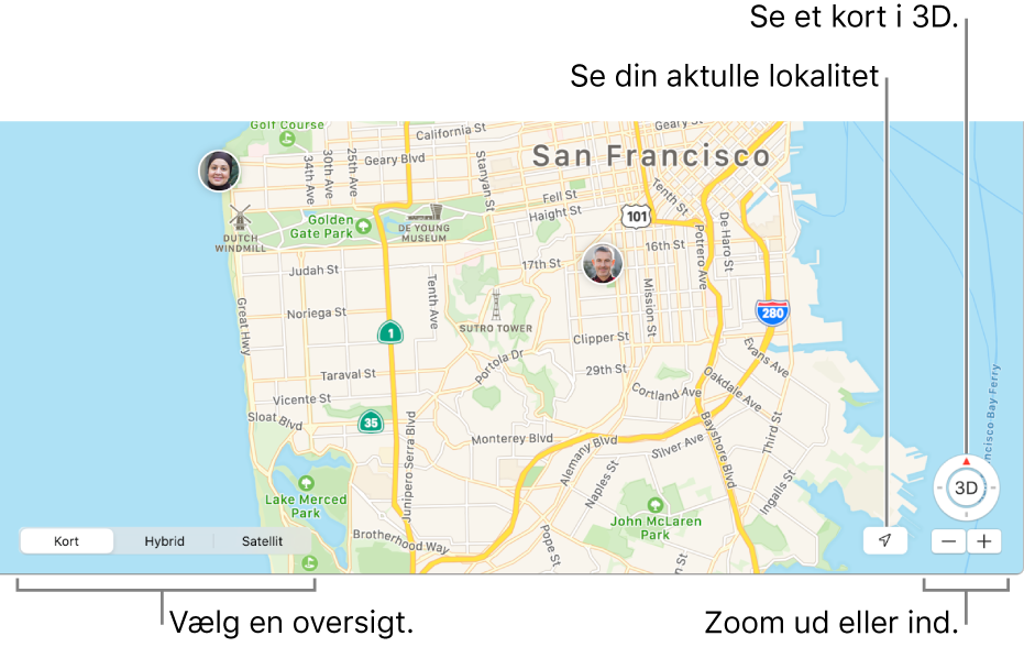 Visning af vinduet Find, der viser personers lokaliteter på et kort. I det nederste venstre hjørne kan du vælge mellem tre forskellige visningsindstillinger – Kort, Hybrid eller Satellit. Klik på knappen Aktuel lokalitet langs vinduets bund for at se din lokalitet på kortet, eller brug zoom-knapperne til at zoome ind eller ud på kortet. Klik på 3D-knappen over zoom-knapperne for at se kortet.