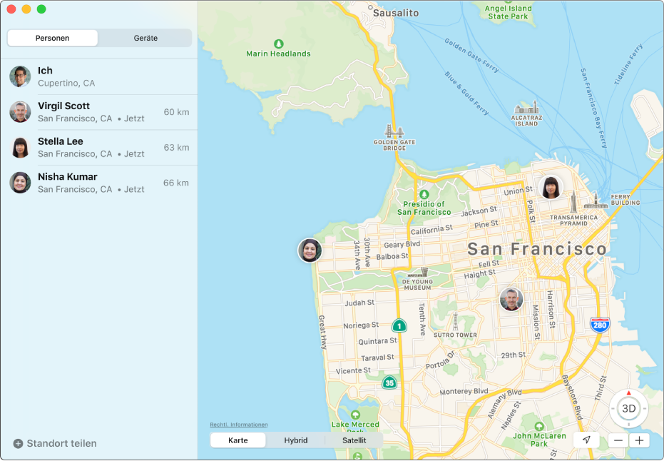 Die App „Wo ist?“ mit einer Liste mit Freunden in der Seitenleiste und ihrer entsprechenden Standorte auf einer Karte auf der rechten Seite.