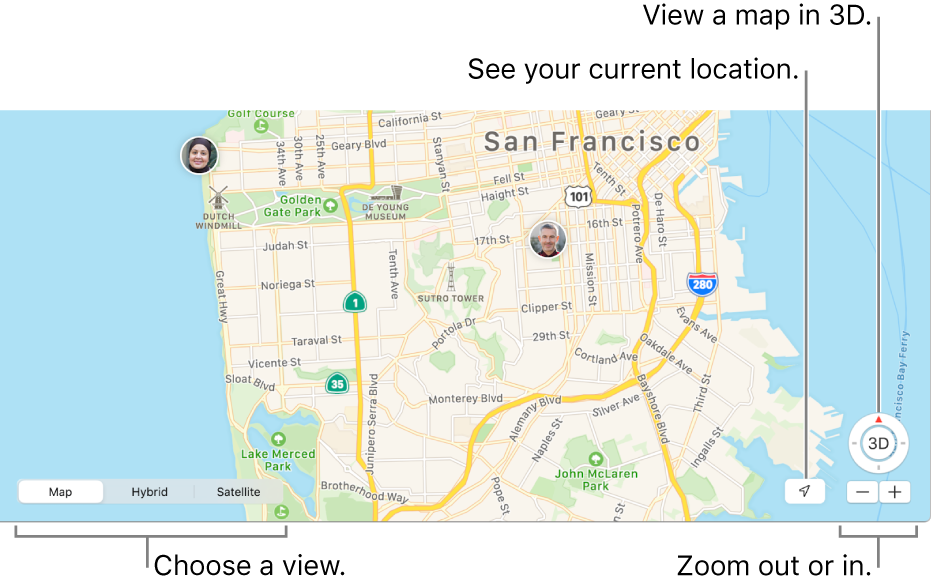 View of the Find My window showing people’s locations on a map. In the lower-left corner, choose from three different view options — Map, Hybrid or Satellite. Along the bottom of the window, click the Current Location button to see your location on the map or use the zoom buttons to zoom in or out on the map. Above the zoom buttons, click the 3D button to view the map.