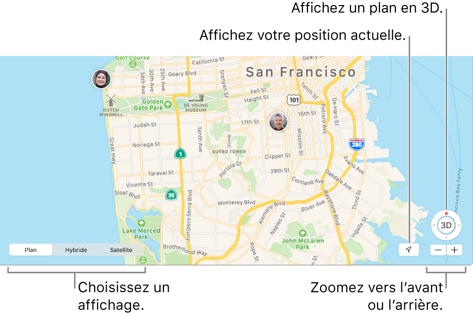 Affichage de la fenêtre Localiser montrant la position de personnes sur un plan. Dans l’angle inférieur gauche, choisissez parmi trois options d’affichage : Plan, Hybride ou Satellite. Le long du bas de la fenêtre, cliquez sur le bouton « Position actuelle » pour voir votre position sur le plan ou utilisez les boutons de zoom pour effectuer un zoom avant ou arrière sur le plan. Au-dessus des boutons de zoom, cliquez sur le bouton 3D pour voir le plan.
