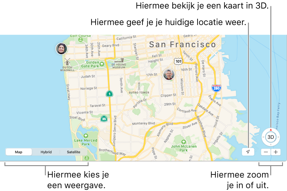 Het venster van Zoek mijn met de locaties van personen op een kaart. Linksonder kun je kiezen uit drie verschillende weergaveopties: 'Kaart', 'Hybride' of 'Satelliet'. Klik onder in het venster op de knop voor huidige locatie om je eigen locatie op de kaart te zien of gebruik de zoomknoppen om uit of in te zoomen op de kaart. Klik boven de zoomknoppen op de knop '3D' om de kaart te bekijken.