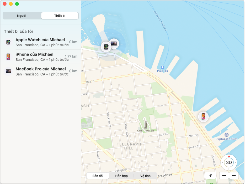 Ứng dụng Tìm đang hiển thị danh sách các thiết bị trong thanh bên và vị trí của họ trên bản đồ ở bên phải.