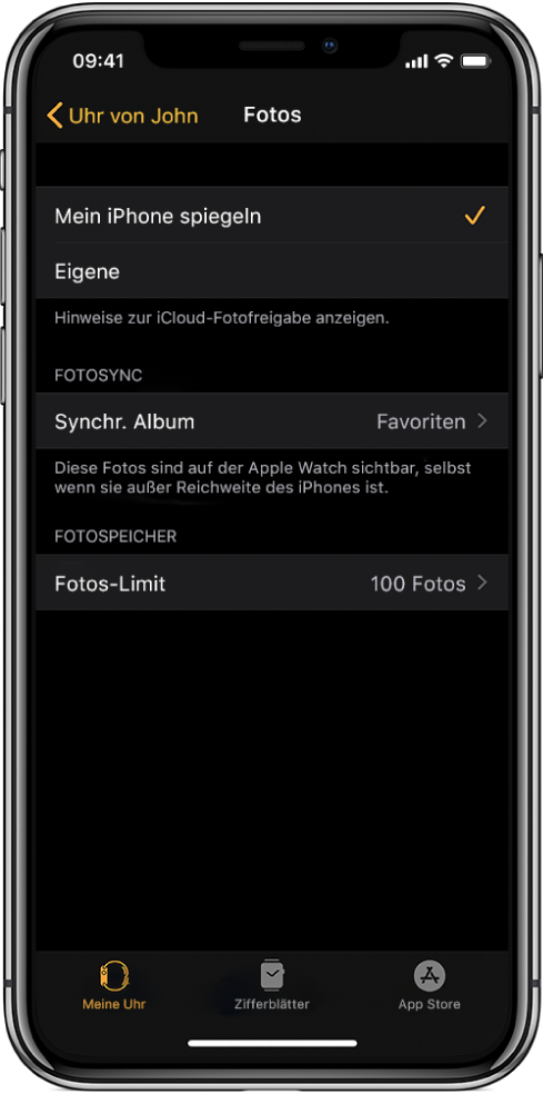 Einstellungen für „Fotos“ in der App „Apple Watch“ auf dem iPhone mit der Einstellung „Synchr. Album“ in der Mitte und der Einstellung „Fotos-Limit“ darunter.