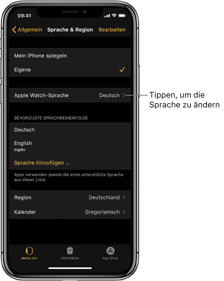 Der Bildschirm „Sprache & Region“ in der App „Apple Watch“ mit der Einstellung „Apple Watch-Sprache“ oben.