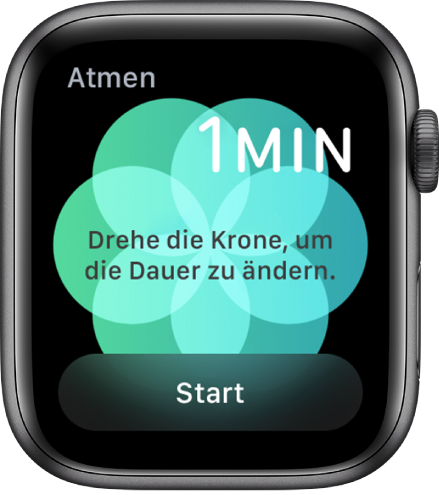 Die App „Atmen“. Oben rechts wird die Dauer von einer Minute angezeigt und unten rechts die Taste „Start“.