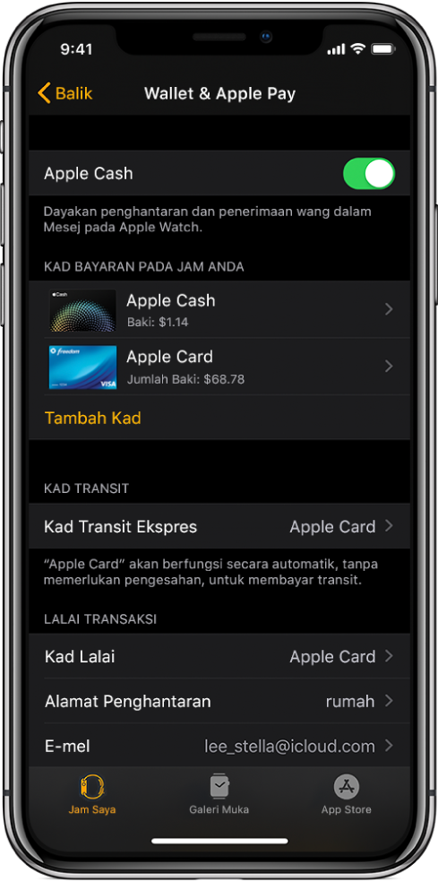 Skrin Wallet & ApplePay dalam app Apple Watch pada iPhone. Skrin menunjukkan kad yang ditambah ke Apple Watch, kad yang anda pilih untuk digunakan untuk transit ekspres dan seting lalai transaksi.