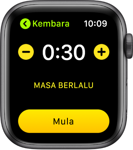Skrin matlamat menunjukkan masa berhampiran bahagian atas, dengan butang - dan + di kedua-dua sisi dan butang Mula di bahagian bawah.
