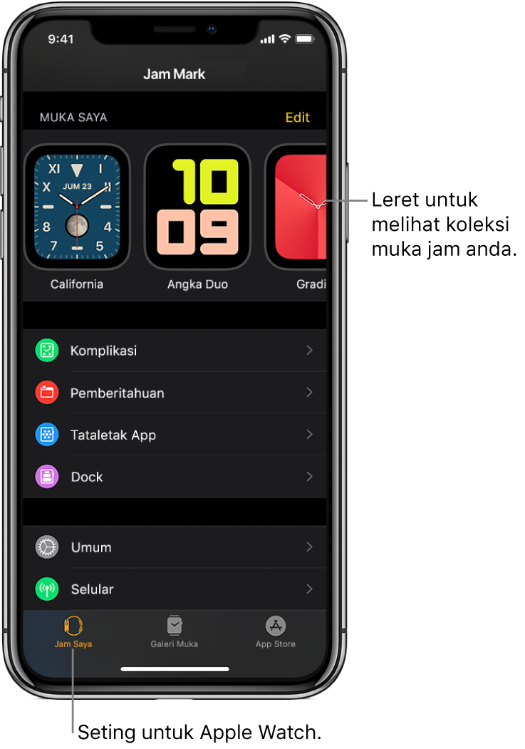 App Apple Watch pada iPhone membuka skrin ke Jam Saya, yang menunjukkan muka jam anda berhampiran bahagian atas dan seting di bawah. Terdapat empat tab di bahagian bawah skrin app Apple Watch: tab kiri adalah Jam Saya, di mana anda pergi untuk seting Apple Watch; seterusnya adalah Galeri Muka, di mana anda boleh terokai muka jam dan komplikasi tersedia; kemudian App Store, di mana anda boleh muat turun app untuk Apple Watch; dan Carian, di mana anda boleh mencari app dalam App Store.