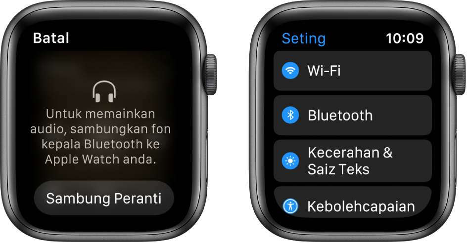 Jika anda menukar sumber audio kepada Apple Watch anda sebelum anda pasangkan speaker atau fon kepala Bluetooth, butang Sambung Peranti muncul di bahagian bawah skrin yang membawa anda ke seting Bluetooth pada Apple Watch anda, di mana anda boleh menambah peranti pendengaran.