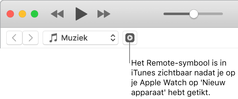 Het Remote-symbool verschijnt in iTunes wanneer je een bibliotheek aan de Apple Watch wilt toevoegen.