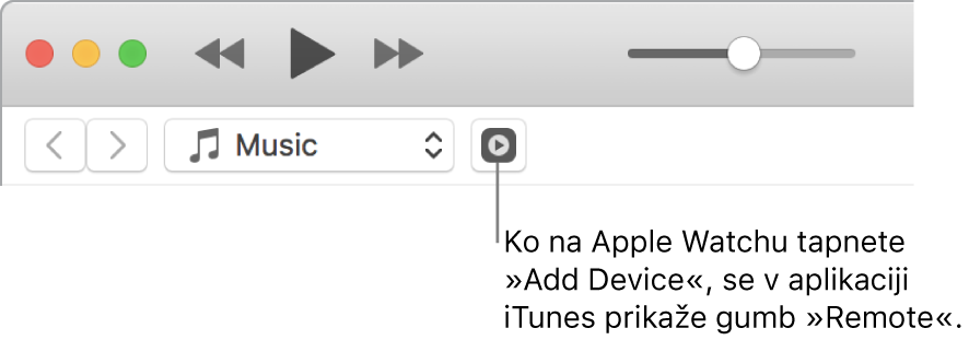 Gumb Remote (Daljinski upravljalnik) v storitvi iTunes se prikaže, ko poskušate v uro Apple Watch dodati knjižnico.