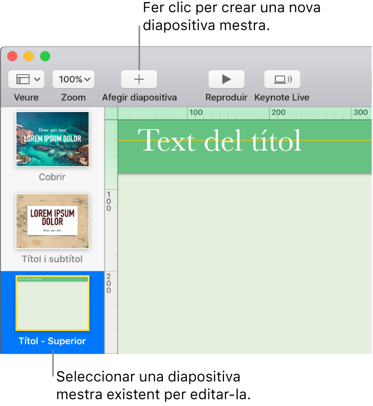Una diapositiva mestra mostrada al llenç de la diapositiva, amb el botó “Afegir diapositiva” al damunt, a la barra d’eines.