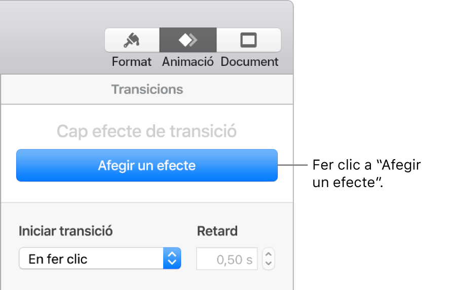 El botó “Afegir un efecte” de la secció Animació de la barra lateral.