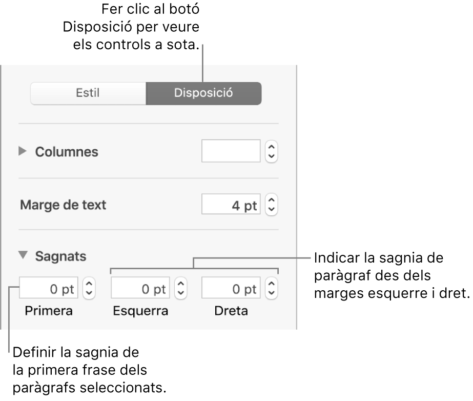 La secció Disposició de la barra lateral Format, amb controls per ajustar la sagnia de la primera línia i els marges de paràgraf.