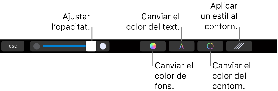La Touch Bar del MacBook Pro amb controls per ajustar l’opacitat d’una forma, canviar‑ne el color d’emplenament, el color del text, el color del contorn i aplicar un estil al contorn.