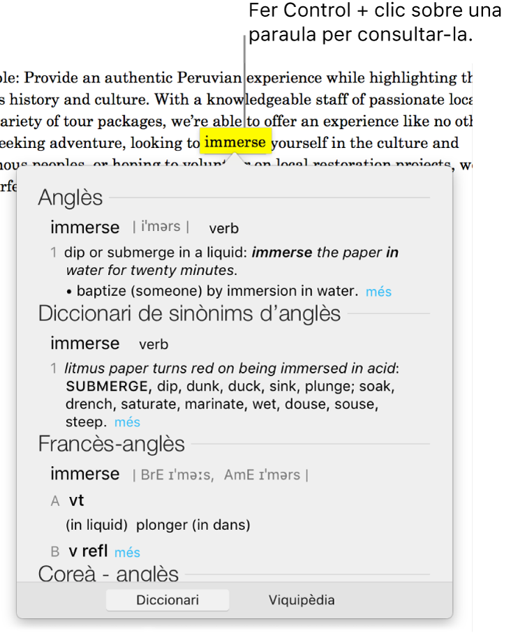 Text amb una paraula ressaltada i finestra que mostra la definició de la paraula i una entrada de tesaurus. Els dos botons a la part inferior de la finestra funcionen com a enllaç al diccionari i a la Viquipèdia.