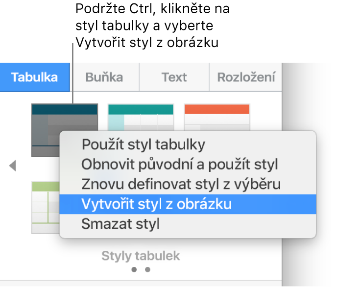 Nabídka zkratek pro styl tabulky