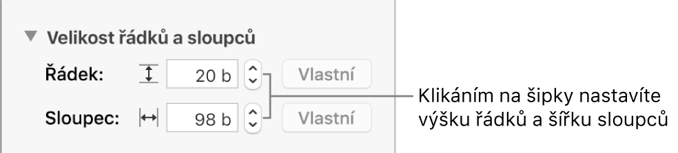 Ovládací prvky pro nastavení přesné velikosti řádků nebo sloupců