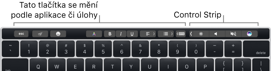 Klávesnice s Touch Barem nad numerickými klávesami. Nalevo a uprostřed se nacházejí tlačítka pro úpravu textu. Napravo vidíte Control Strip se systémovými ovládacími prvky pro úpravu jasu a hlasitosti a pro komunikaci se Siri.