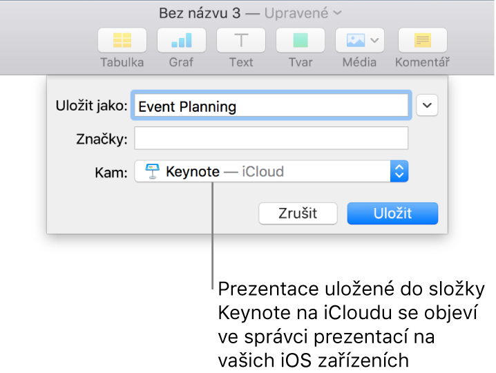 Dialog Uložit pro prezentaci s Keynote – iCloud v místní nabídce Kam
