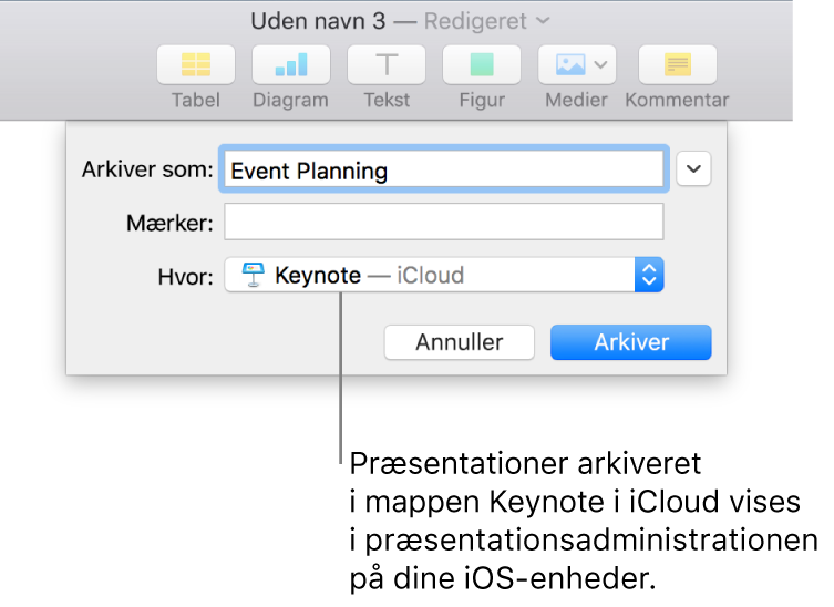 Dialogen Gem til en præsentation med Keynote – iCloud på lokalmenuen Hvor.