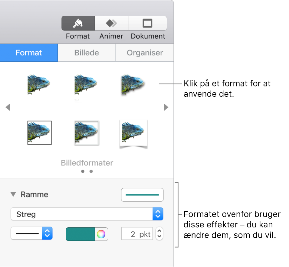 Fanen Format i indholdsoversigten Format, der viser valg til objektformater.