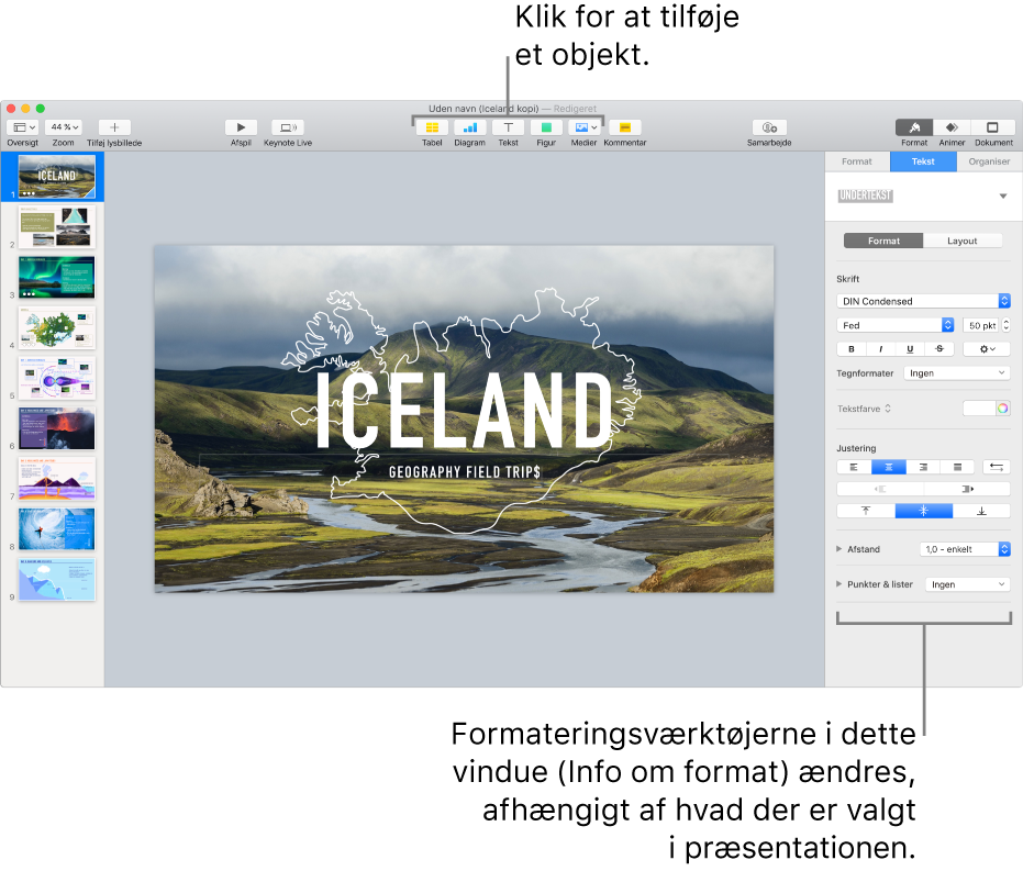 Vinduet Keynote med lysbillednavigatoren åben til venstre og Info om format åben til højre.
