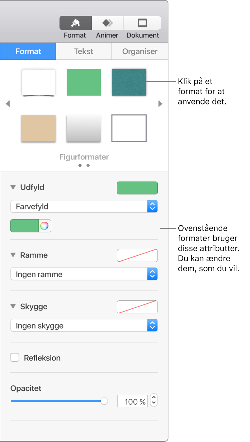 Figurformater og muligheder under Format i indholdsoversigten.