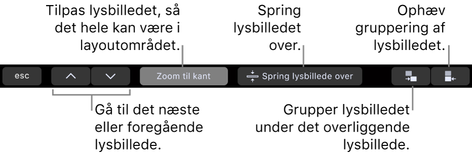Touch Bar på MacBook Pro med betjeningsmuligheder, der bruges til at gå til det næste eller forrige lysbillede, tilpasse lysbilledet til lysbilledlayoutområdet, springe et lysbillede over og gruppere eller ophæve grupperingen af et lysbillede.