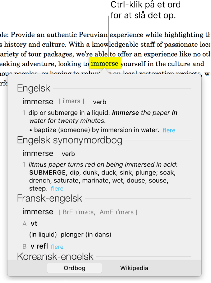 Tekst med et markeret ord og et vindue, der viser ordets definition og en indgang fra en synonymordbog. To knapper nederst i vinduet er links til ordbogen og til Wikipedia.