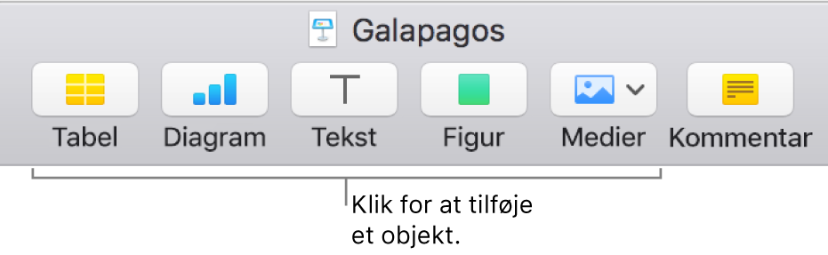 Værktøjslinjen i Keynote med knapper, der bruges til at føje et objekt til et lysbillede.
