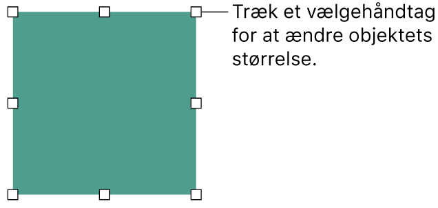 Et objekt med hvide kvadrater på rammen til ændring af objektets størrelse.