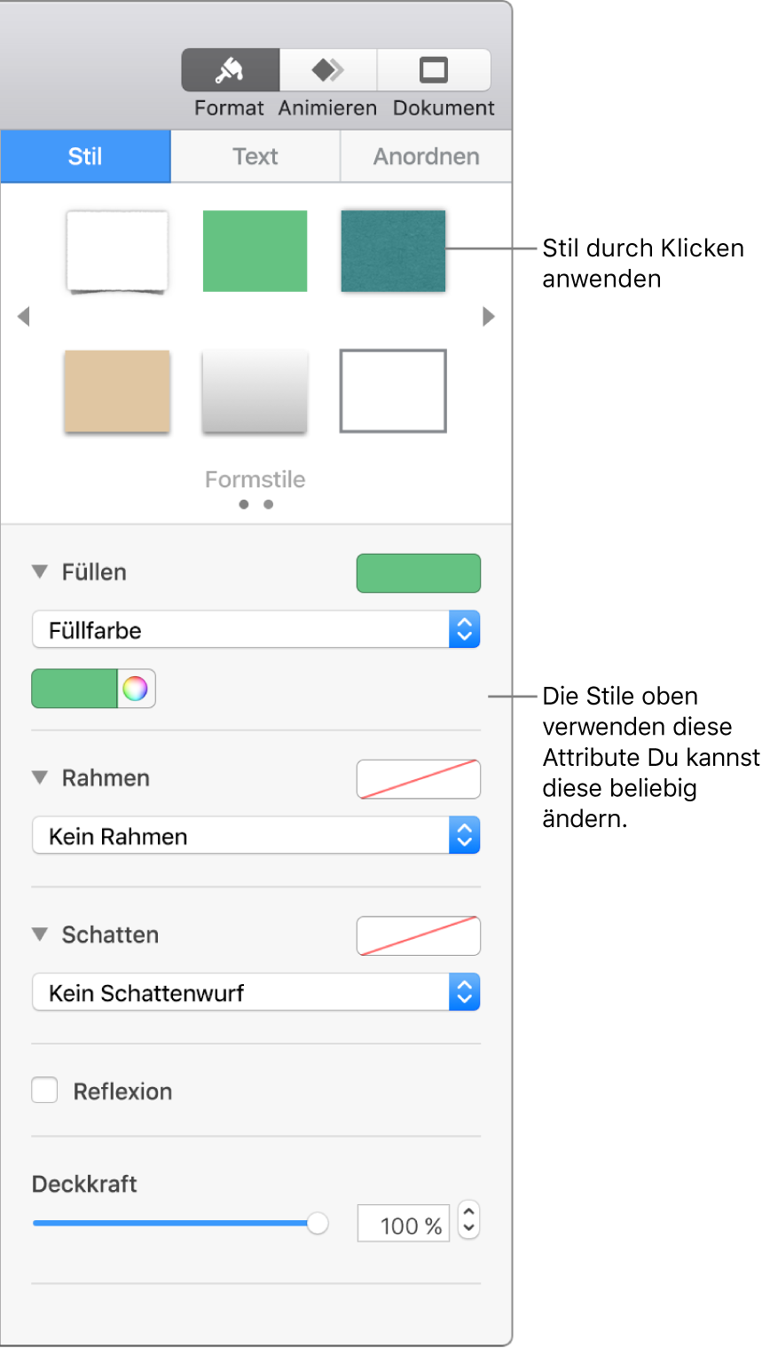 Formstile und -optionen im Bereich „Format“ der Seitenleiste