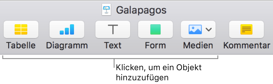 Die Keynote-Symbolleiste mit Tasten zum Hinzufügen eines Objekts auf einer Folie