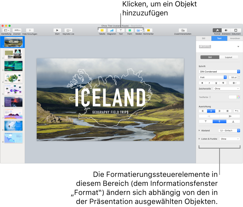 Das Keynote-Fenster mit dem auf der linken Seite geöffneten Foliennavigator und dem Informationsfenster „Format“ rechts