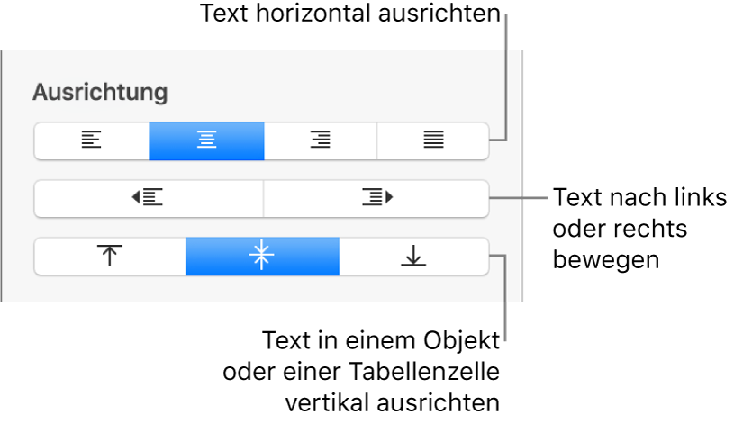 Der Abschnitt „Ausrichtung“ im Menü der Taste „Format“ mit Beschriftungen für die Ausrichtungstasten für Text
