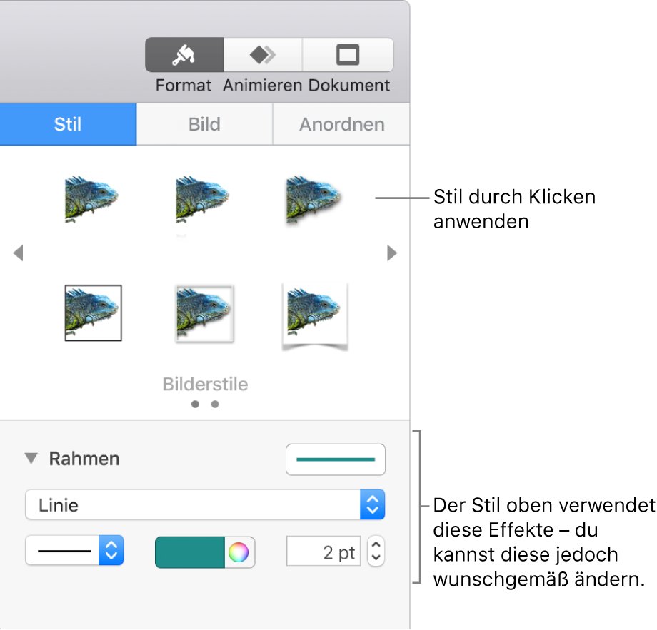 Der Tab „Stil“ der Seitenleiste „Format“ mit Optionen für Objektstile