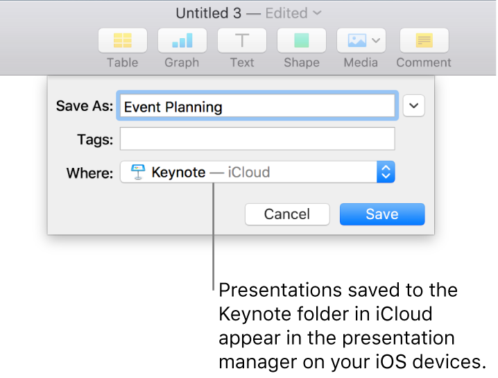 The Save dialog for a presentation with Keynote — iCloud in the Where pop-up menu.