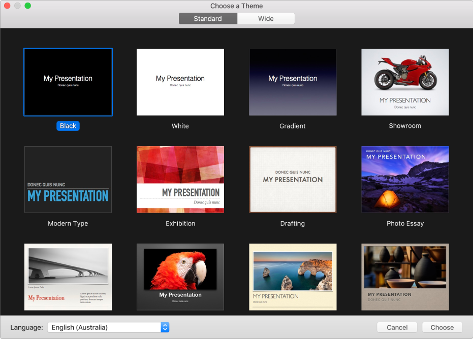The theme chooser, showing thumbnails of pre-designed themes you can use to begin presentations.