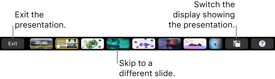 The MacBook Pro Touch Bar with presentation controls for exiting the presentation, jumping to different slides and switching the presenter display.