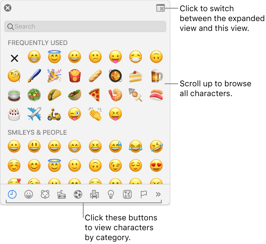 The Special Characters pop-up showing emoticons, buttons for different types of symbols at the bottom and a call out to a button to show the full Characters window.