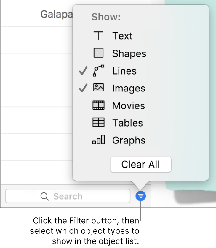The Filter pop-up menu open, with a list of the types of objects the list can include (text, shapes, lines, images, movies, tables and graphs).