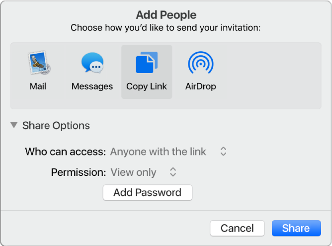 The Share Options section of the collaboration dialogue open, with the “Who can access” and the “Permission” menus showing.