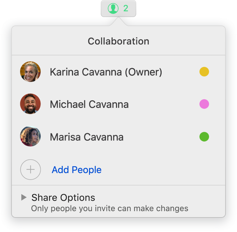 The Collaboration menu showing the names of people collaborating on the presentation. Share options are below the names.