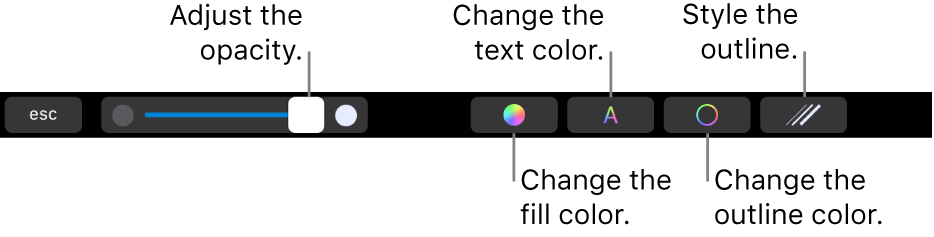 The MacBook Pro Touch Bar with controls for adjusting a shape’s opacity, changing the fill color, changing the text color, changing the outline color, and styling the outline.