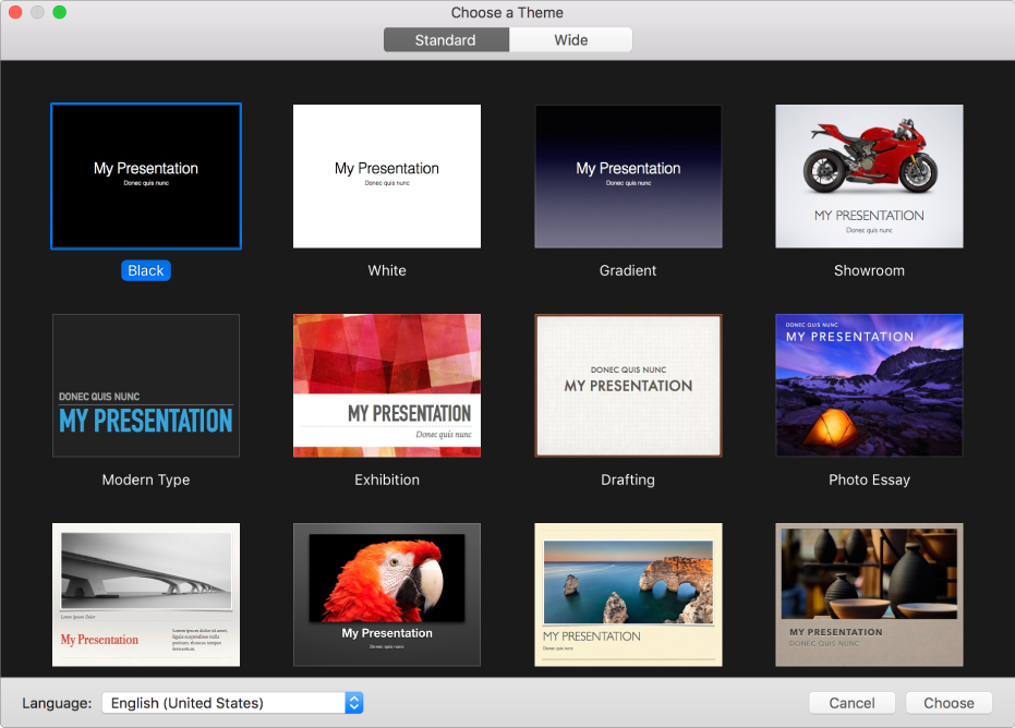 The theme chooser, showing thumbnails of predesigned themes you can use to begin presentations.