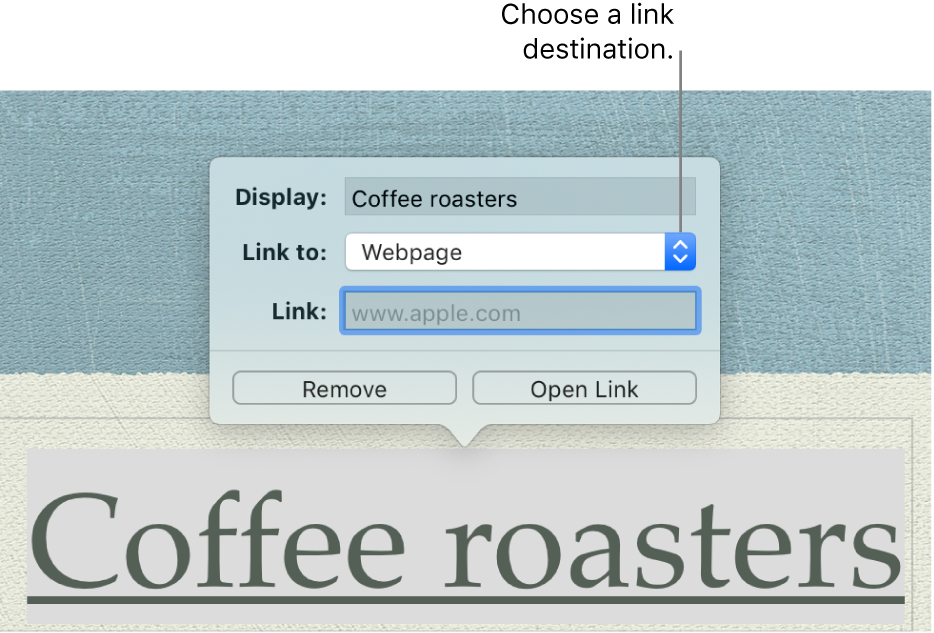 The link editor with a Display field, Link to pop-up menu (Webpage is selected), and Link field. The Remove and Open Link buttons are at the bottom of the pop-over.