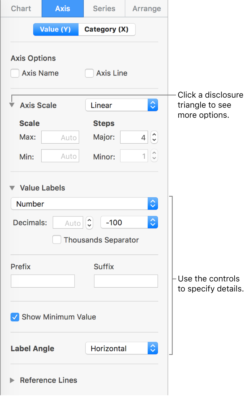 Controls for formatting chart axis markings.